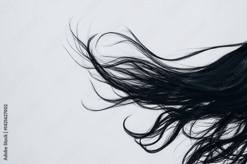 Aufkleber long black hair cascading against a light background, creating a sense of movement and elegance in t