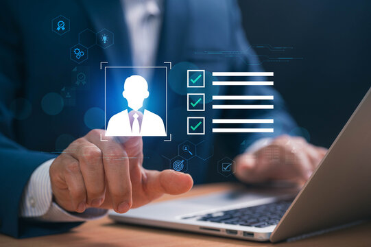 HR tech in action as recruiter uses computer to analyze and approve job applicant profiles, highlighting digital recruitment process, performance checklist, and automated employment verification