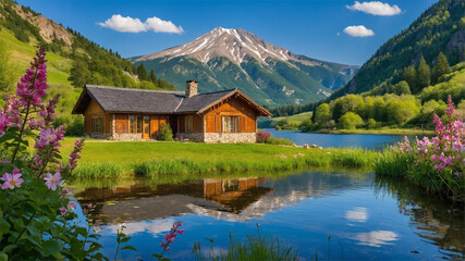 Naklejka premium Serene Countryside with Lake, Flowers, and Cottage in Vibrant Spring Setting