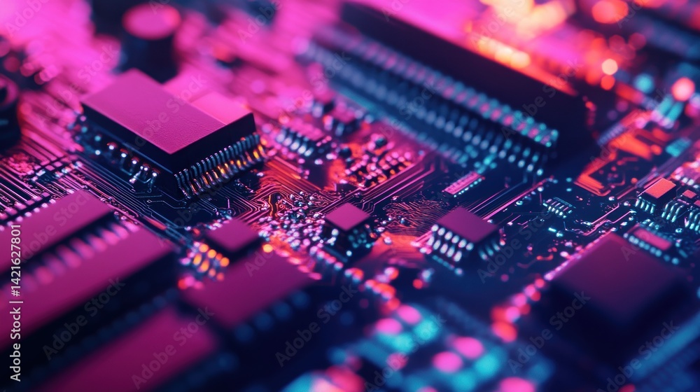 Poster close-up of a circuit board with vibrant colors. intricate network of components, glowing in a vibra