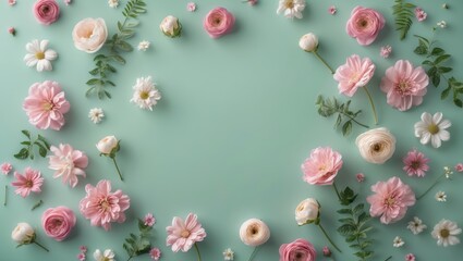 A vibrant arrangement of assorted flowers and foliage on a soft green background, evoking a fresh and peaceful atmosphere.