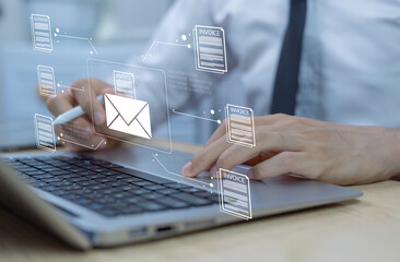 Businessman emailing concept to customers, sending bulk documents via email, sending quotations and...