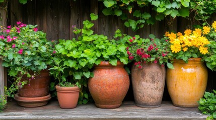 Colorful Flowers in Terracotta Pots Against Rustic Wooden Fence