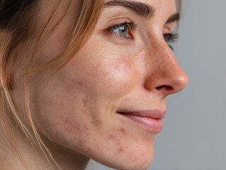 Woman with acne scars and visible skin imperfections.