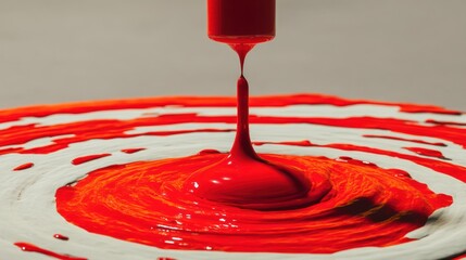 Red paint drips onto a swirling pattern of white and orange.