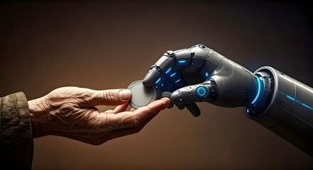 Human hand holding coin from robot arm on dark background. 3D rendering.