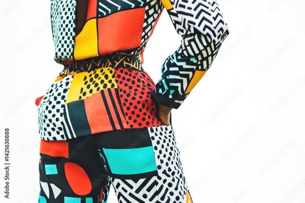 Poster vibrant fashion display featuring a modern outfit with bold geometric patterns in a minimalist studi