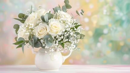 Obraz premium Charming wedding flower arrangement featuring ivory roses delicate babys breath eucalyptus leaves elegant white ceramic vase set against soft pastel background cut out isolated transparent background