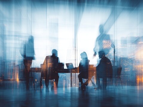 Ejecutivos reunidos en sala de juntas con vista panor&aacute;mica a la ciudad, escena empresarial creativa con desenfoque art&iacute;stico