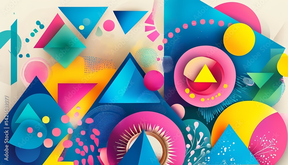 Poster abstract geometric design with vibrant colorful shapes arranged in dynamic composition perfect for m