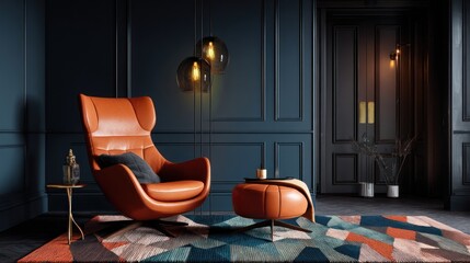 Modern, comfortable leather armchair and ottoman in a sophisticated interior.
