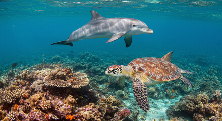 Obraz premium Dolphin and Turtle Swimming Above Coral Reef Underwater
