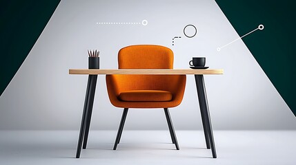 Modern workspace featuring an orange chair and wooden desk with stationery and coffee cup