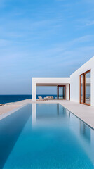 Fototapeta premium Modern Minimalist White Villa with Infinity Pool Overlooking Ocean