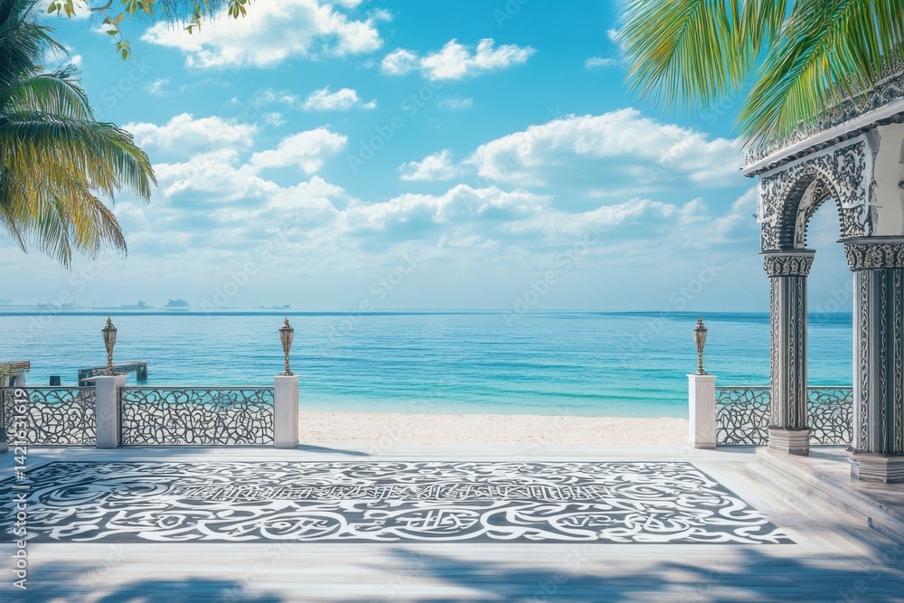 Poster relaxing beachfront view with decorative floor patterns and palm trees under a bright sky