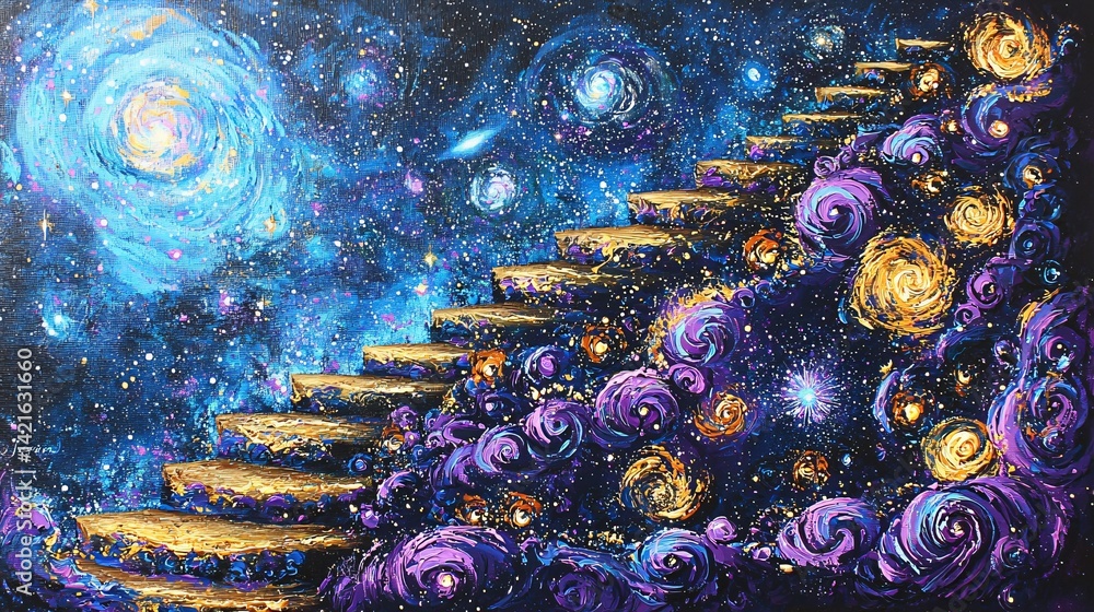 Poster a celestial stairway leading up to the stars illuminated by soft glows of ethereal light creating a 