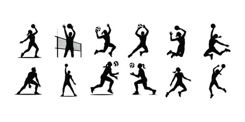 Volleyball Silhouette Set | Jump Serve & Block Vector Art Athletic Volleyball Poses | Silhouette Collection for Sports Design