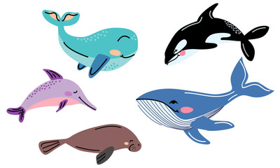 Obraz premium Cute cartoon sea animals set with whale, dolphin, manatee, and orca. For kids, posters, prints, and ocean-themed designs
