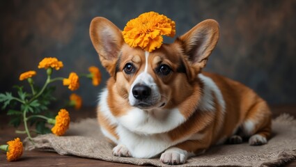 A corgi laying on a textured surface with an orange marigold flower on its head, evoking a playful and cheerful atmosphere.
