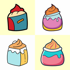 Four Colorful and Quirky Cartoon Desserts arranged in a Square Format