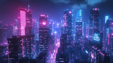 Fototapeta premium Neon Cityscape: A futuristic metropolis at night, bathed in vibrant pink and blue neon lights, showcasing towering skyscrapers and a mesmerizing urban glow.