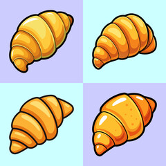 Cartoon croissants displayed on a patterned background with alternating colors
