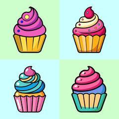 Colorful Cartoon Cupcake Quartet on Pastel Backgrounds A Sweet Treat Display