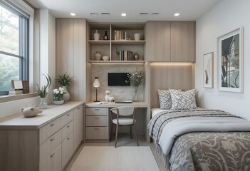 Fototapeta premium Serene Minimalist Bedroom with Built-in Desk and Calming Hues