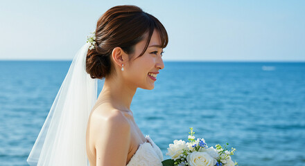 海辺で、ウェディングドレスを着た笑顔が可愛い若い女性。リゾート婚。