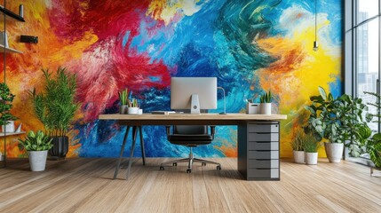 Colorful modern workspace with vibrant wall art