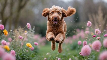 A joyful dog leaping through a vibrant flower field filled with blossoms in springtime.