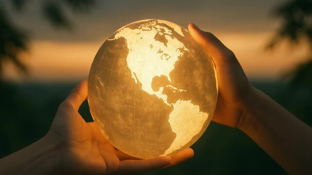 Two hands cradle a glowing globe in a picturesque sunset setting, symbolizing unity and global awareness. The warm light casts an inviting glow on the world map, highlighting continents and oceans