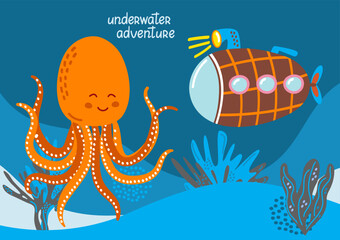 Funny cartoon octopus and cute submarine exploring the deep sea. Underwater adventure. Colorful underwater scene with coral, sea plants, and smiling characters