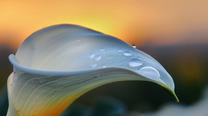 A close up of a single raindrop resting on a delicate white lily petal reflecting the soft hues of a sunrise in the background 