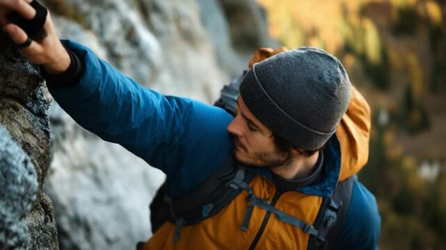 Ascending Heights: A determined individual, equipped with mountaineering gear, fearlessly navigates a rugged mountain face. This image captures the essence of perseverance, the thrill of challenge.