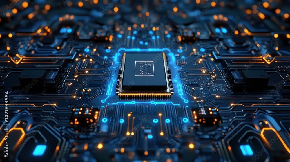 Poster close-up of a computer microchip, circuit board technology