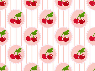 Cute red cherries in pink medallions and soft stripes seamless pattern. For fabric, wrapping paper, or vintage-style projects