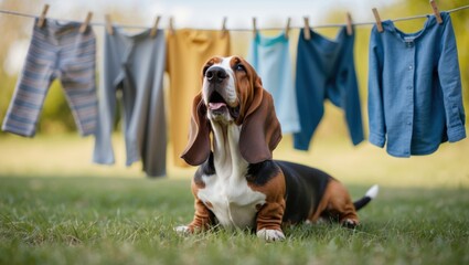 A playful Basset Hound relaxing on green grass, with colorfully hung laundry in the background under a clear blue sky.