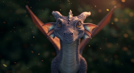 Obraz premium Friendly Dragon Portrait Against Green Foliage
