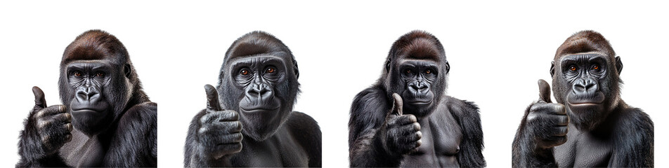 Collection of gorillas giving a thumbs up isolated on transparent background