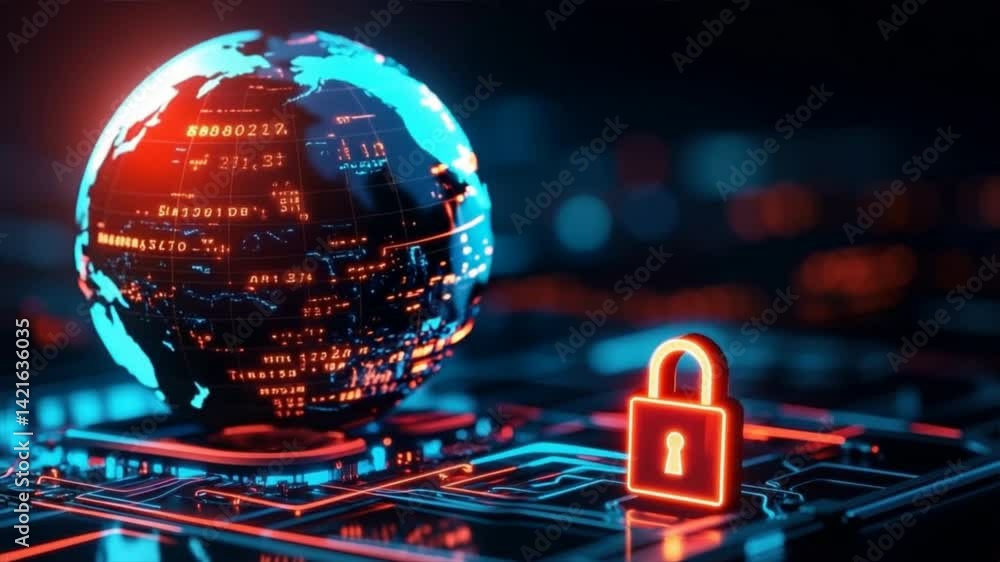 Poster futuristic digital globe with a lock symbol, representing global cybersecurity and technology advanc