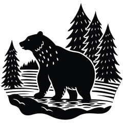 Black Bear Silhouette in Forest Scene, Woodcut Style, Nature Illustration, Wildlife Art