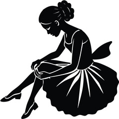 Elegant Silhouette of a Ballerina in a Tutu, Sitting and Contemplating, Black and White Art