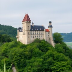 Fototapeta premium Majestic Castle on a Lush Green Hill Surrounded by Forest and Mountains