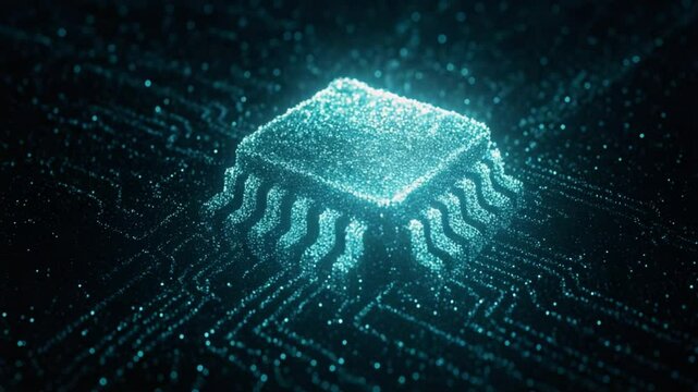 Explore the fascinating world of microchip technology as a luminous digital landscape unfolds. The visual highlights a central microchip surrounded by intricate circuits, pulsating with vivid light