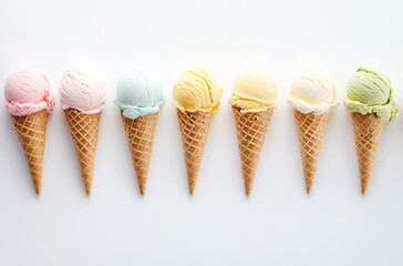 Soft pastel ice cream cones, neatly arranged,