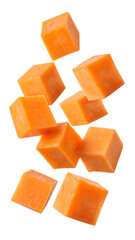Falling sweet potato cube isolated on transparent background