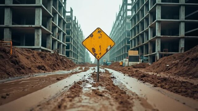 Mud-covered caution sign amidst the chaos of urban construction progress - Powered by Adobe