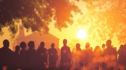 Fototapeta premium A large group of people gathers outdoors under a warm sunset.