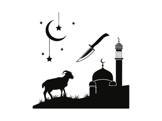 Islamic Symbols Silhouette of Mosque, Goat, Crescent Moon, and Lantern, Silhouette illustration of Islamic religious symbols for Eid al-Adha.